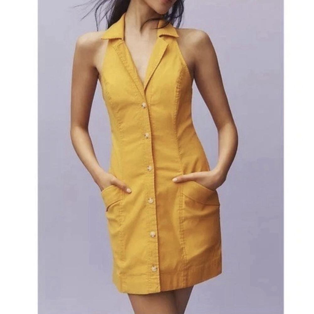 Maeve Anthropologie Dress Size XL Yellow Halter Shirt Button Front Pockets READ